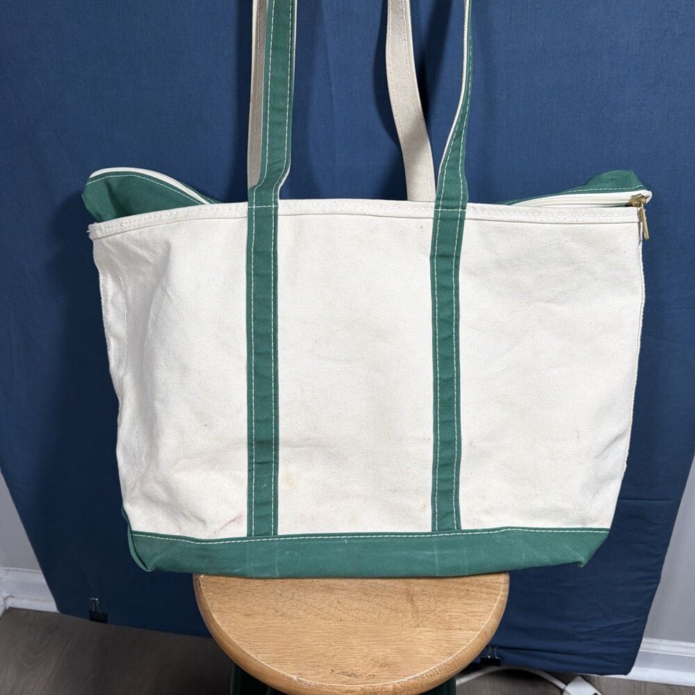 LL Bean Boat & Tote Green Trim White Canvas Tote Bag Large Zip Top Long Handles - Picture 3 of 5